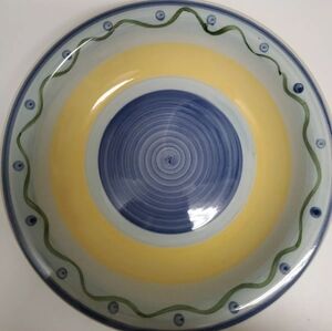 Trisa Handpainted Stoneware 11" Serving Bowl Yellow & Blue,Green trim Pre-owned